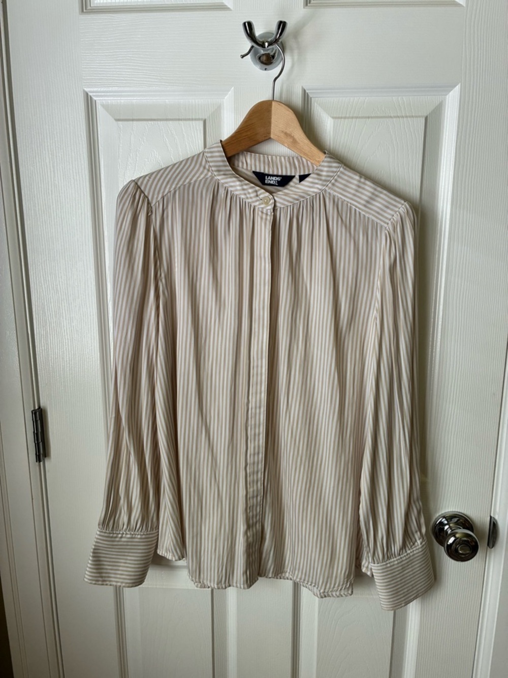 Lands' End women’s Cream and Beige Striped Band-Collar Shirt